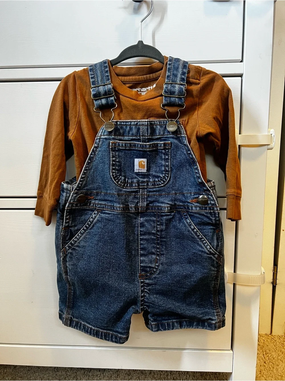 Carhartt bundle: Brown Long-Sleeve onsie and Jean overall shorts